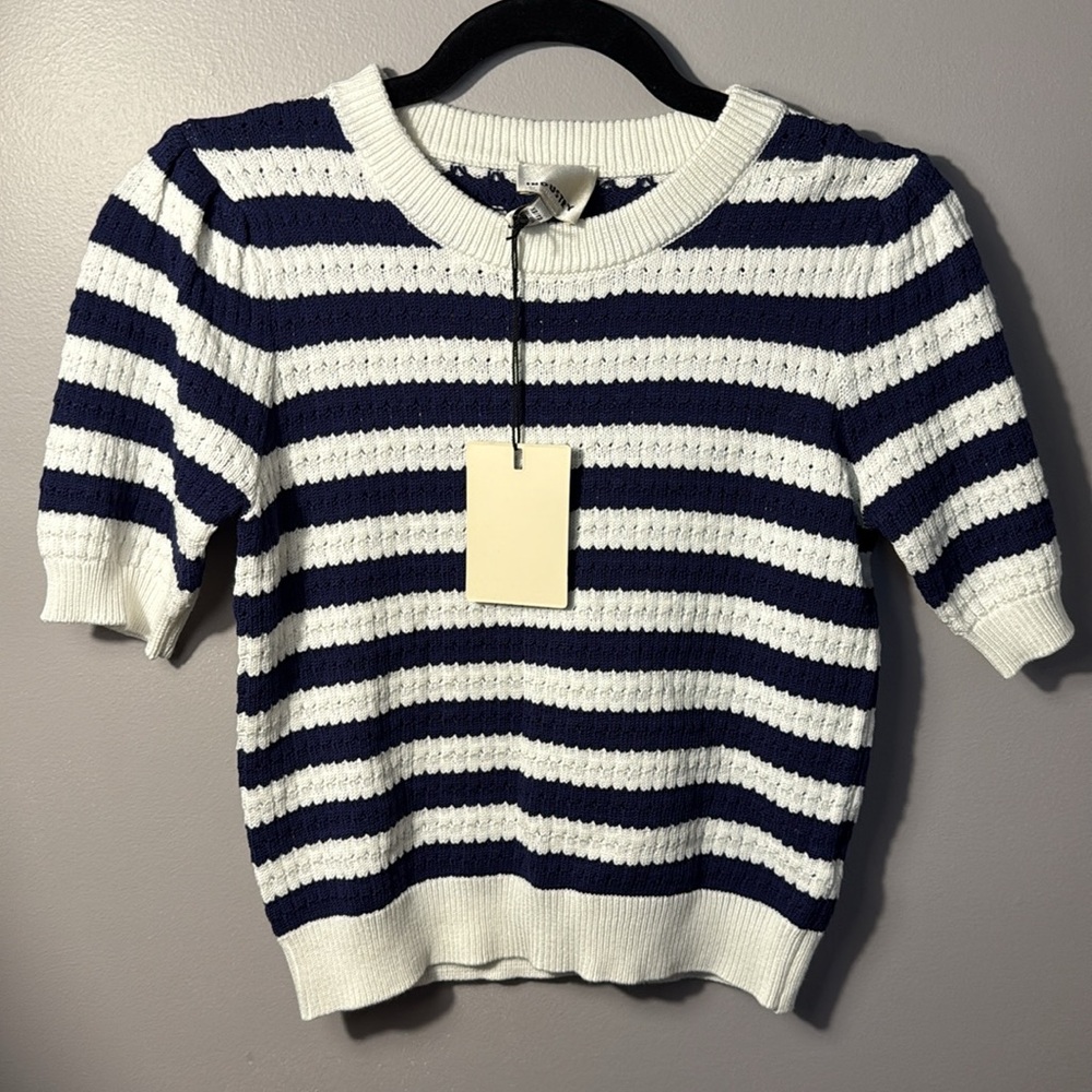 NWT Industry Pointelle Navy and White Striped Knit short sleeve sweater